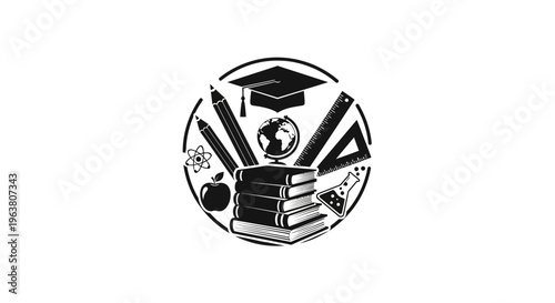 Graduation Icon with Books and Hat.