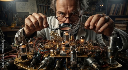 Inventor focuses intently on complex contraption