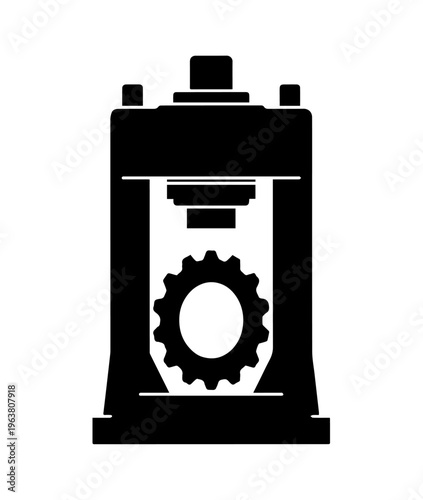 Industrial Hydraulic Press Machine with Gear Silhouette Vector Illustration for Metalworking Manufacturing and Engineering Workshop Design Template