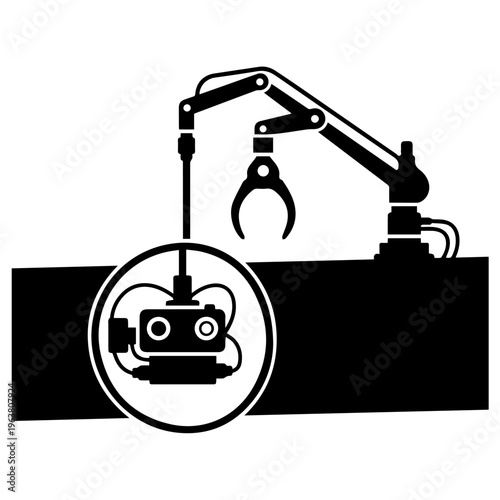Creative Robotic Arm with Camera Sensor Silhouette Vector Illustration for AI Manufacturing Inspection and Automated Quality Control Design