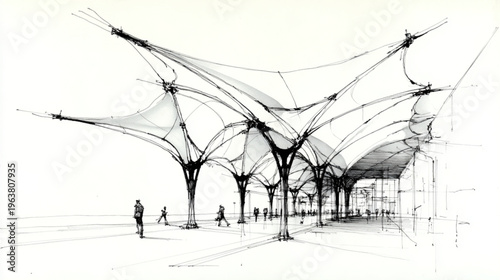Futuristic Architectural Structure With People Walking Under Canopy For Urban Planning Concepts