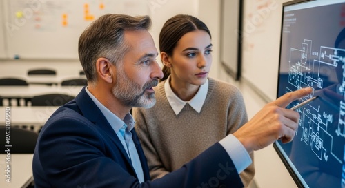 Experienced mentor guiding a young professional in a meeting