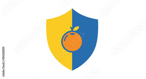 Shield with orange logo symbol.