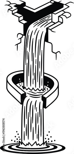 Abstract Illustration of a Waterfall Flowing Through a Cracked Pipe for Conceptual, Environmental, and Water Design Projects