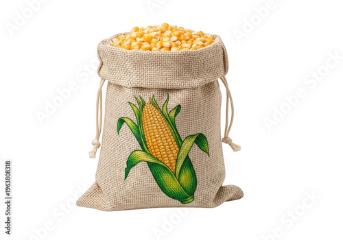 A sack filled with golden corn kernels and a single ear of corn