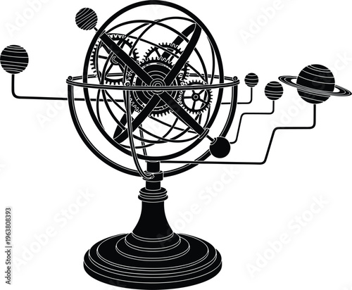 Abstract Line Art of a Mechanical Planetary System with Gears and Orbiting Planets for Science, Astronomy, and Steampunk Design Projects