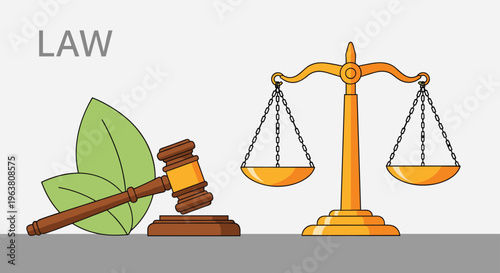 Environmental law and green justice concept with scales of justice and gavel vector illustration