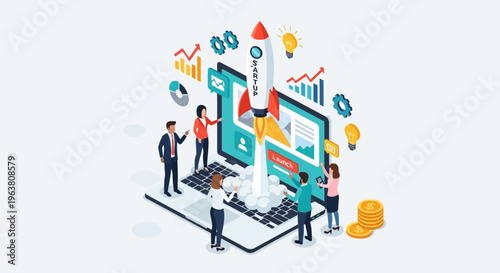 Business team launching startup rocket from laptop on white background