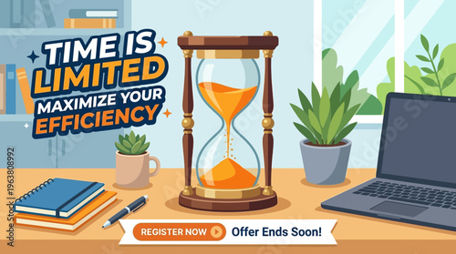 Time Management Concept with Hourglass on Office Desk