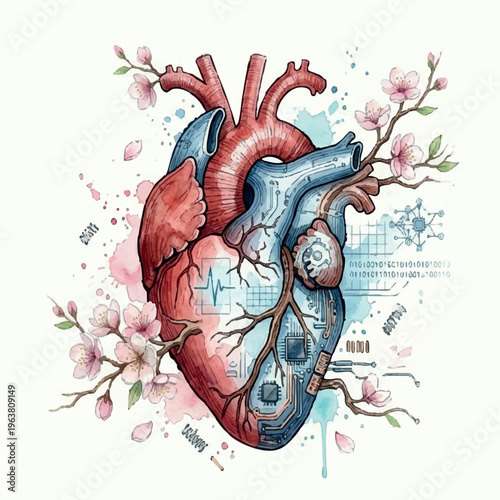 Watercolor illustration concept of biomechanical human heart: cyberpunk biodesign combining emotions and logic, isolated image on white background.