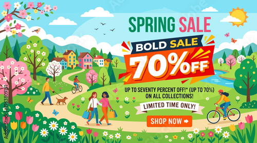 Spring Sale Banner with Discounts and Outdoor Scene