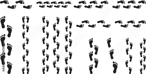 Human Barefoot Walking Trail Silhouette Icon Set - Straight Path Variations.