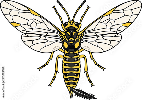Detailed Illustration of a Yellow and Black Insect with Transparent Wings for Entomology, Insects, and Nature Design Projects