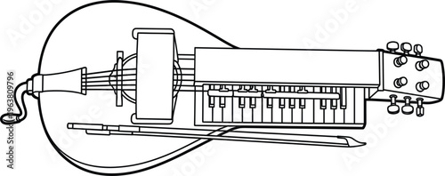 Detailed Line Art Illustration of a Traditional String Instrument with Keyboard and Bow for Music, Cultural, and Instrument Design Projects