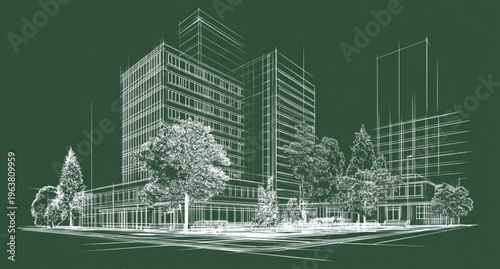Architectural Sketch Of Modern Office Building With Trees On Dark Green Background For Real Estate And Corporate Concepts