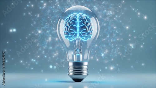 A glowing brain inside a light bulb sparks with blue light representing intelligence and innovation. Available on 4K video.