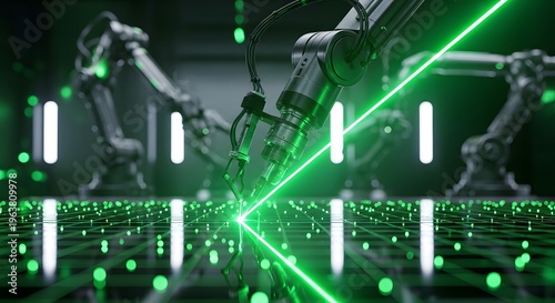 Futuristic 3D Rendering Robot Arm with Laser Precision in Dark Environment