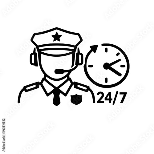 24/7 police service available icon sets, emergency helpline number available 