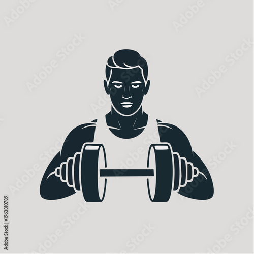 Black and white illustration of muscular man lifting dumbbell