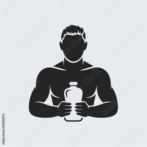 Muscular man holding protein shake bottle silhouette illustration
