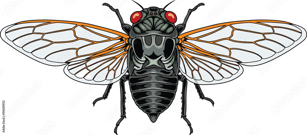 Εκτύπωση καμβά Detailed Vector Illustration of a Cicada Insect with Transparent Wings and Red E