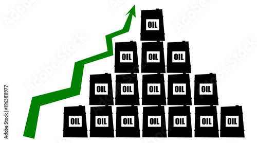 Oil barrels stacked pyramid shape next to a sharply rising green arrow indicating commodity price increase