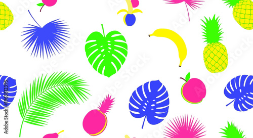 Vibrant tropical fruit and leaves pattern on white background with pineapples, bananas, apples.