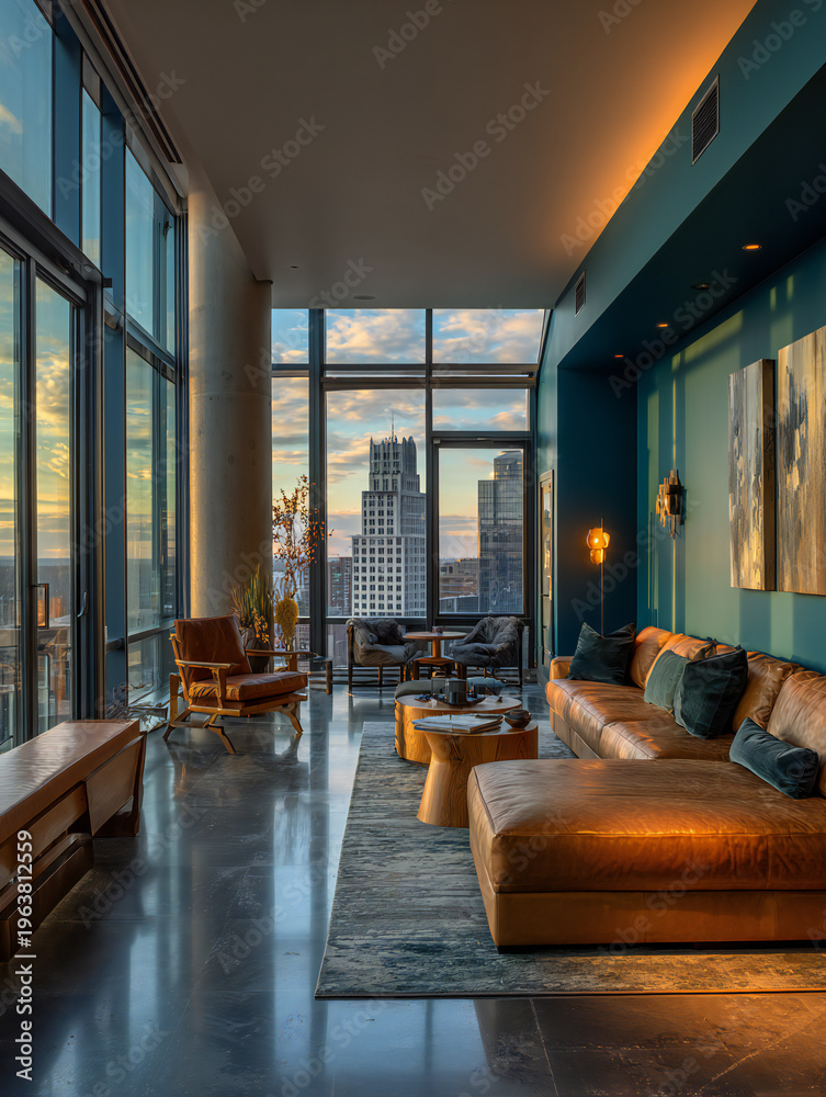 Fototapeta premium Spacious modern living room with floor-to-ceiling windows and city skyline view