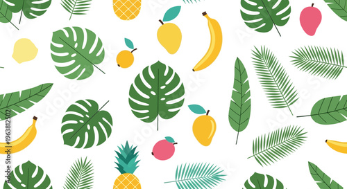 Colorful tropical fruit and leaves pattern on white background illustration