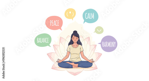A woman meditates on a lotus flower surrounded by calmness and harmony speech bubbles.