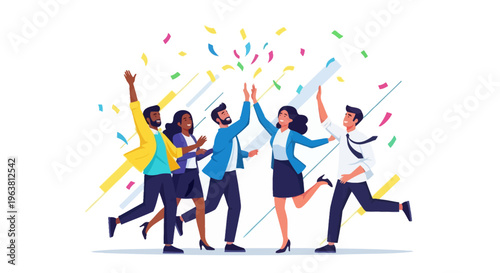 Diverse group of colleagues celebrating with confetti in office setting with joy