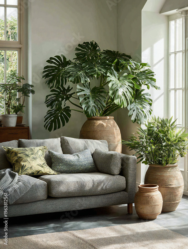 Sunlit modern living room with oversized monstera ferns and terracotta pots