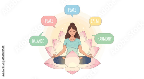A woman meditates peacefully in lotus position surrounded by calmness and harmony symbols.
