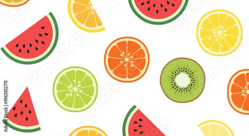 Vibrant fruit slices including watermelon, orange, lemon, lime, and kiwi on white background
