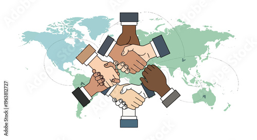 Diverse business people shake hands on a world map background in a symbol of global partnership and unity.
