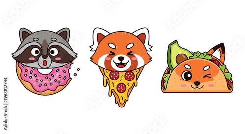 Cartoon animals eating food in humorous illustrations.