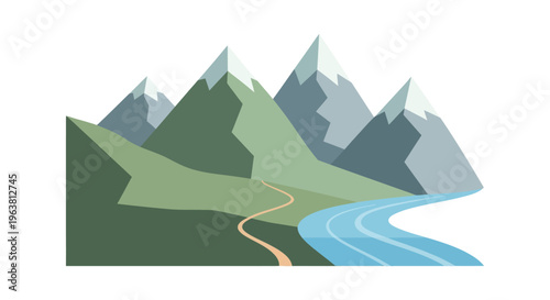 A winding road leads to snow-capped mountains beside a river in a green landscape.