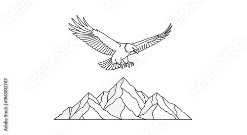 An eagle soars above majestic mountains in a serene natural landscape illustration.