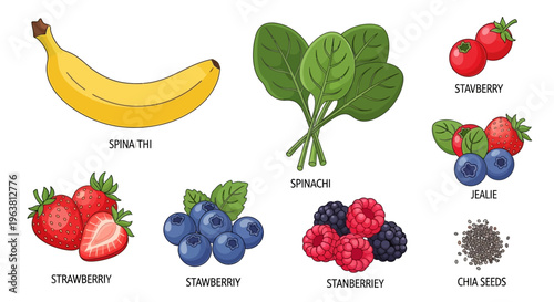 A vibrant illustration of various fruits and leafy greens on a clean white background for healthy eating.