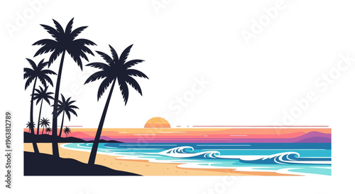 A serene beach scene with palm trees at sunset on a tropical island landscape