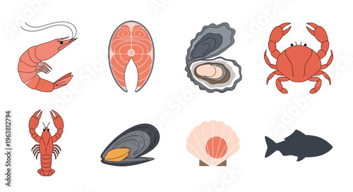 An illustration of various seafood including shrimp, crab, lobster, and mollusks on white background.