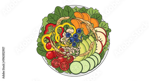 A colorful salad with various vegetables and fruits on a plate is served outdoors.