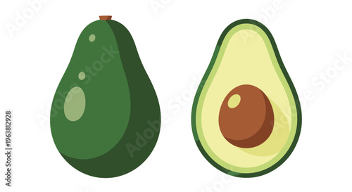 An illustration shows a whole and halved avocado on a white background.