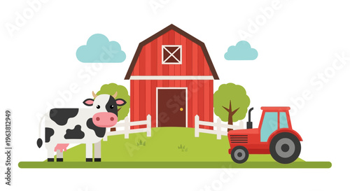 A cow stands beside a tractor in front of a red barn on a farm.