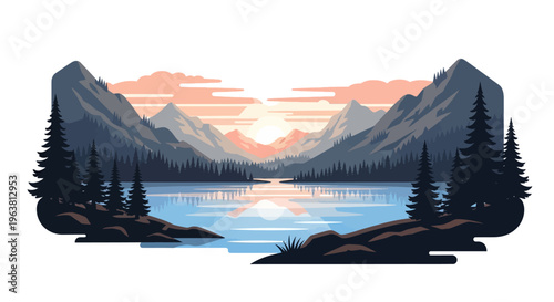 Serene mountain landscape with lake and trees at sunrise or sunset