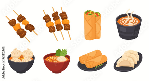 Various Asian food items are served on plates and in bowls for eating.