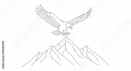 An eagle spreads its wings above a rugged mountain range landscape.