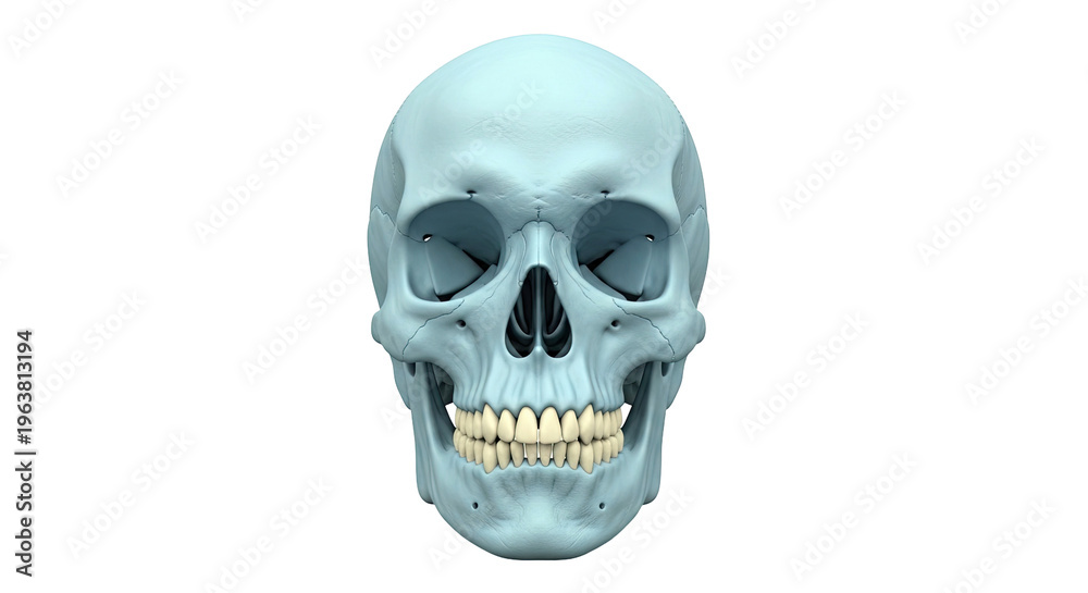 Obraz premium Light Blue Human Skull with Teeth, Front View