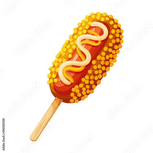 Appetizing and colorful illustration of a classic American corn dog, featuring a crispy golden coating, a savory hot dog inside, and a playful swirl of yellow mustard for a tasty treat