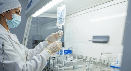 Female healthcare professional prepares intravenous fluid bags inside a sterile environment
